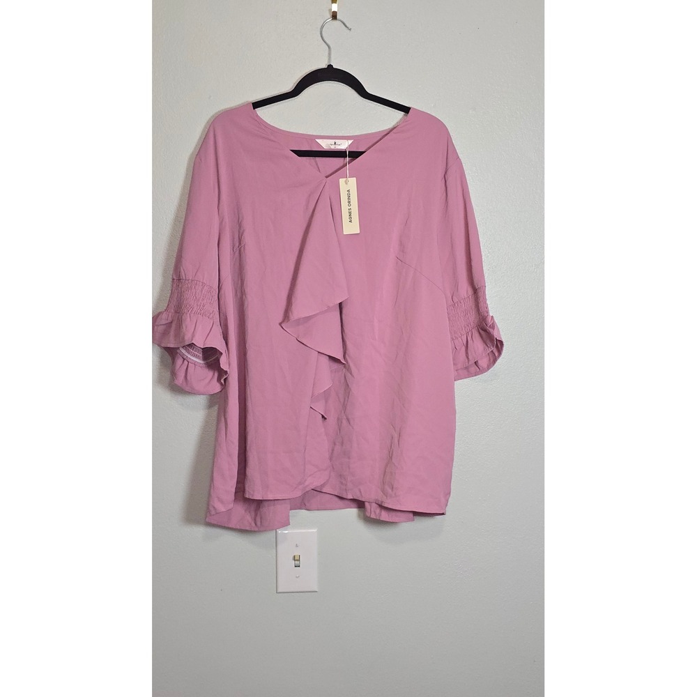 Agnes Orinda Mauve Pink Ruffle V-Neck Smocked Sleeve Blouse Top 3X NWT preppy